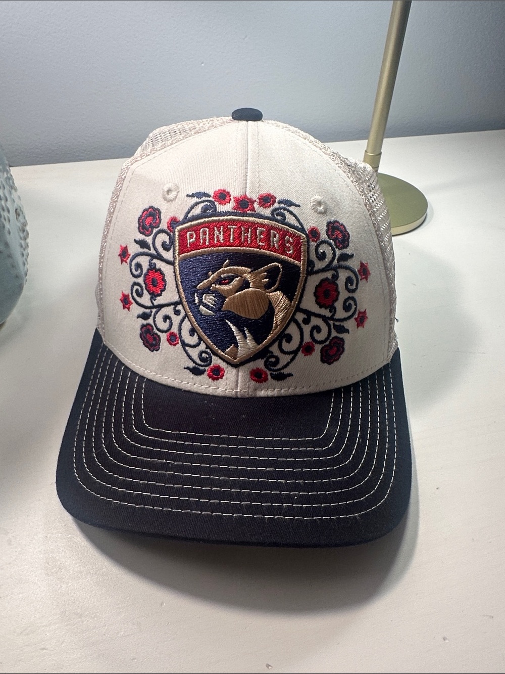 Zephyr Panthers Trucker Cap - Cream and Black with Red Accents